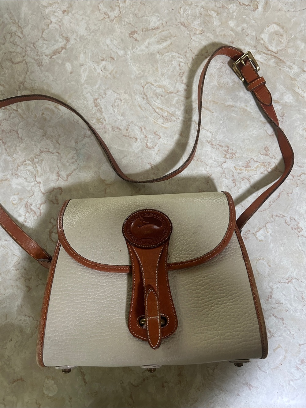 Dooney & Bourke Cream and Brown Leather Crossbody Saddle Bag